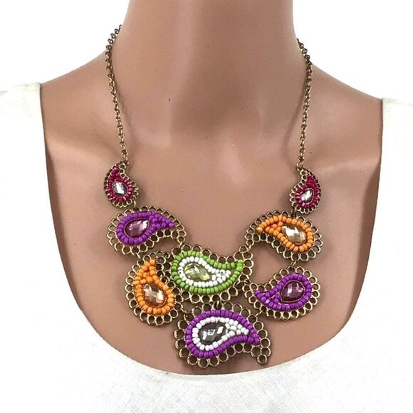 Charming Charlie Statement Necklace Paisley Shaped Acrylic Centers Beaded - Picture 1 of 3